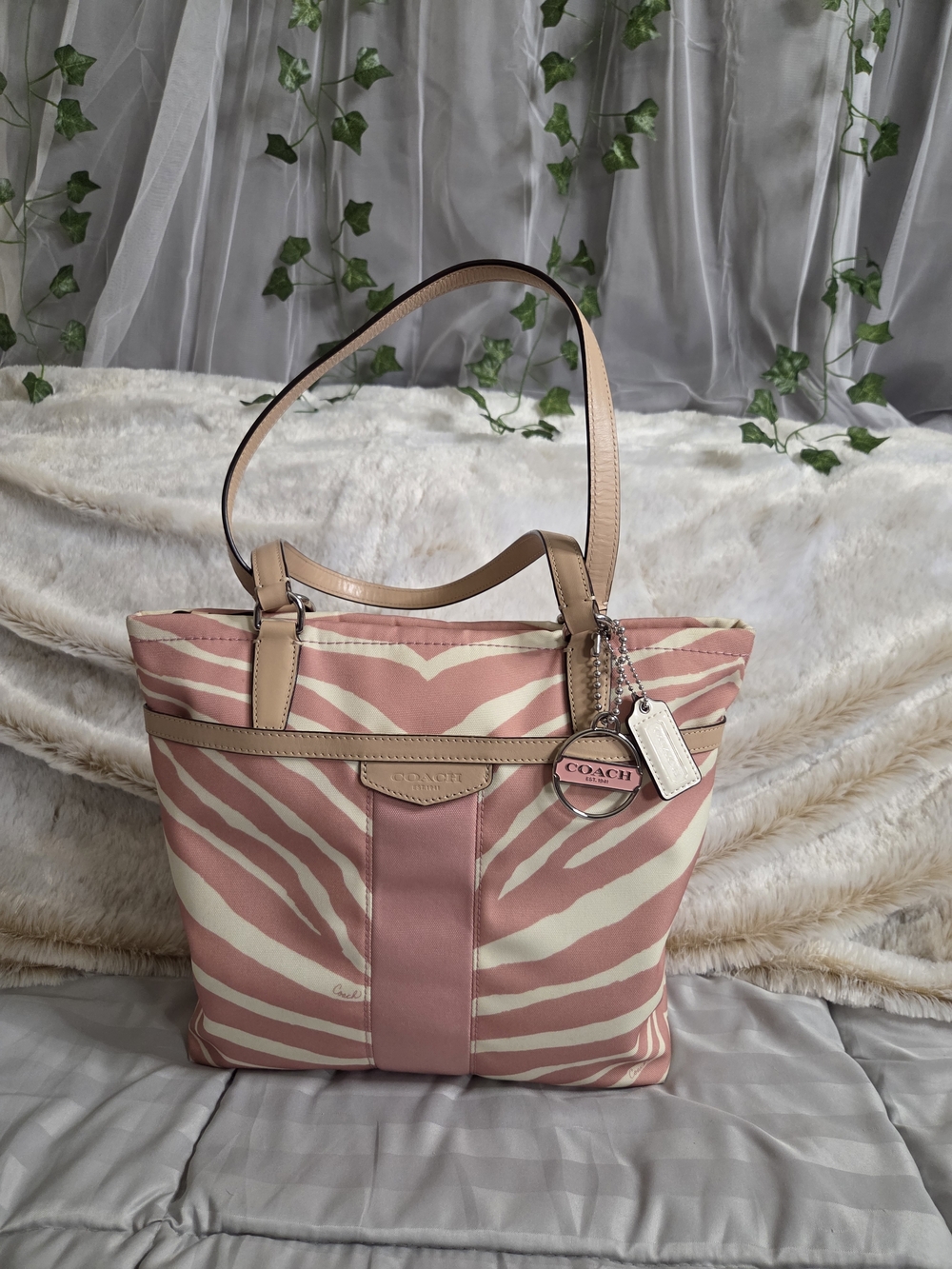 Coach Pink and Cream Zebra-Print Tote with Leather Trim